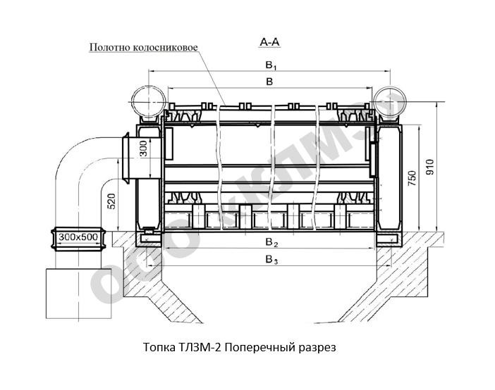 Чертеж топки ТЛЗМ-2 Поперечный разрез