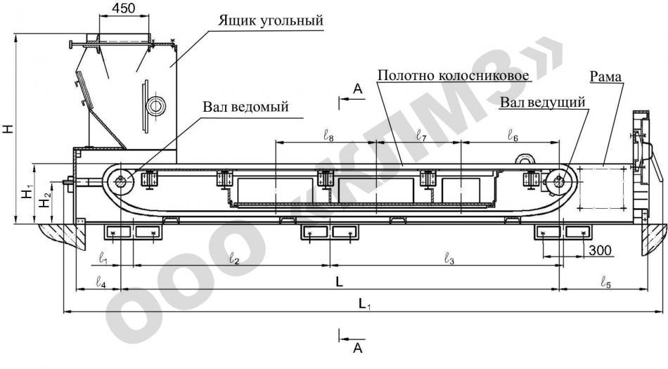 Чертеж топки механической ТЛП, ТЛПМ Вид сбоку